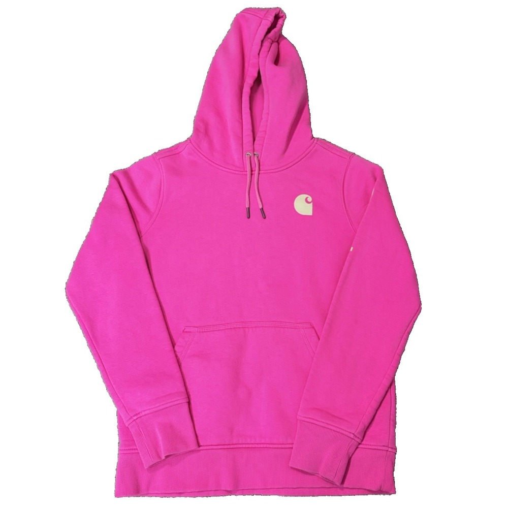Women's Carhartt Size Small (4-6) Logo Sleeve Hoodie Relaxed Fit Sweatshirt Pink